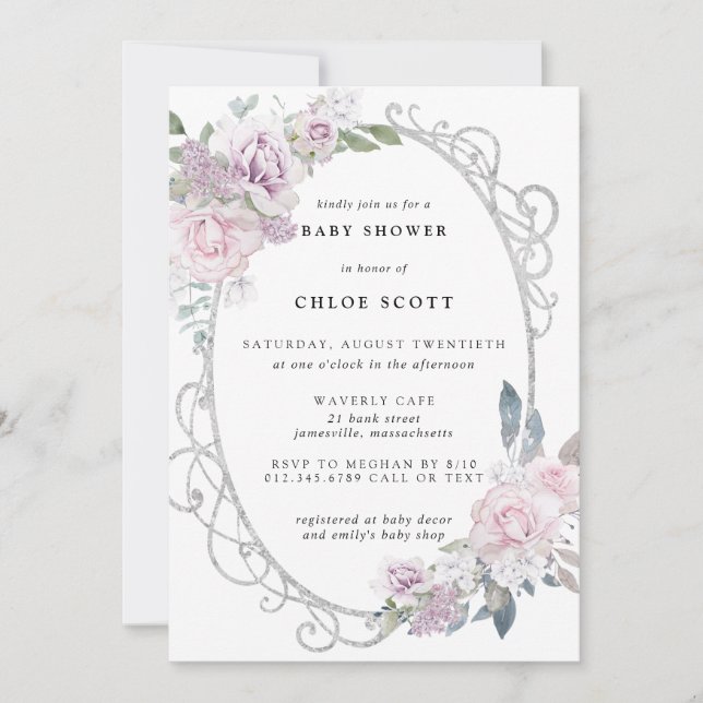 Invitación Elegante Rubor Pink Purple Floral Baby Shower (Anverso)
