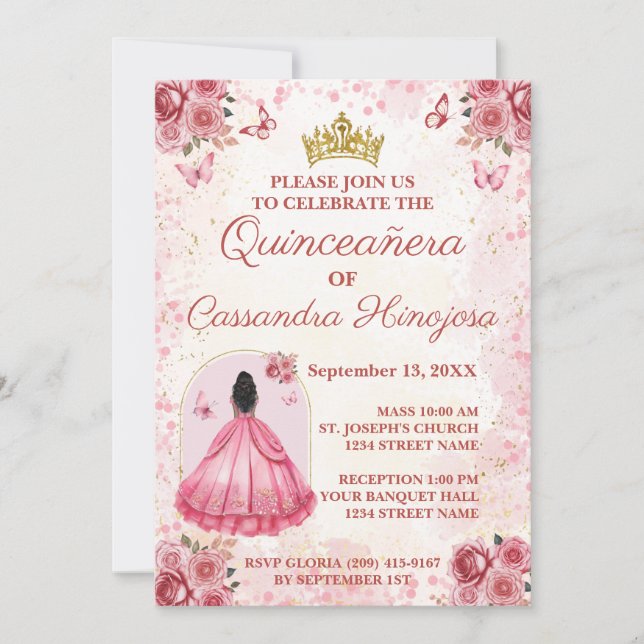 Invitación Elegante Rubor Pink Quinceañera Invitation 15 Anos (Anverso)