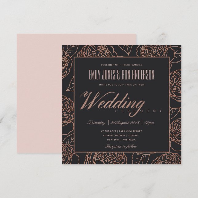 INVITACIÓN ELEGANTE RUBOR PINK ROSE GOLD BLACK FLOCK BODA (Anverso / Reverso)