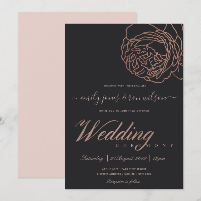 INVITACIÓN ELEGANTE RUBOR PINK ROSE GOLD BLACK FLOCK BODA (Anverso / Reverso)