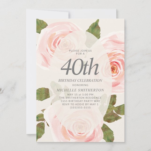 Invitación Elegante Rubor Pink Springtime Floral 40 cumpleaño (Anverso)