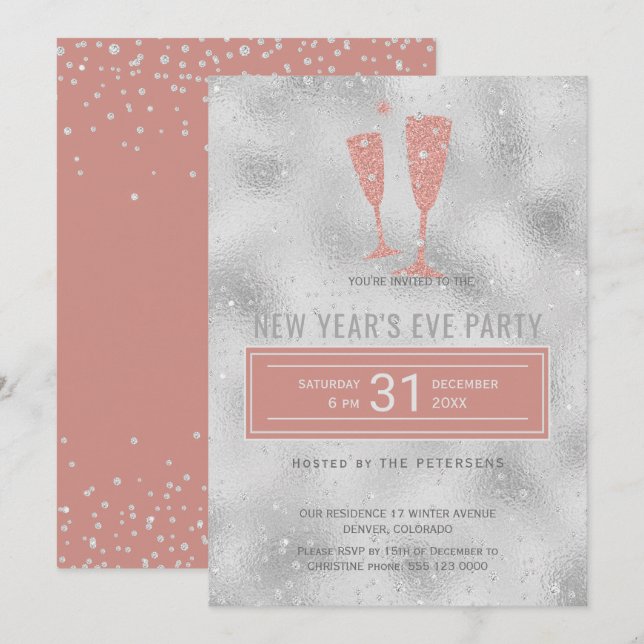 Invitación Elegante Rubor plateado elegante Fiesta de Nochevi (Anverso / Reverso)