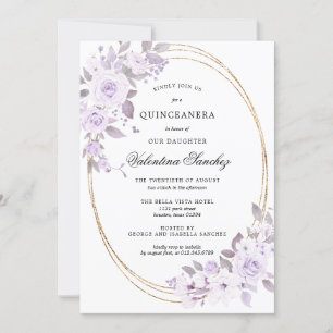 Invitación Elegante Rubor Purple Rosa floral Quinceanera