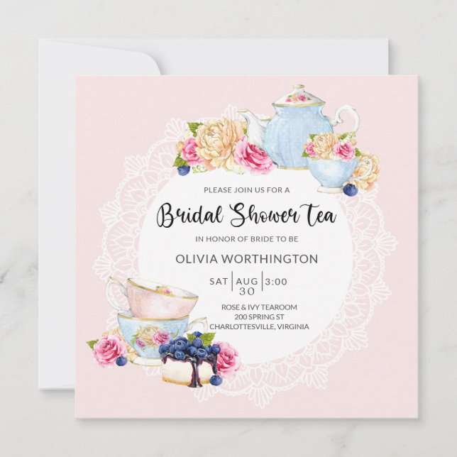 Invitación Elegante Rubor Rosa Floral Rosa Floral Bridal Tea  (Anverso)