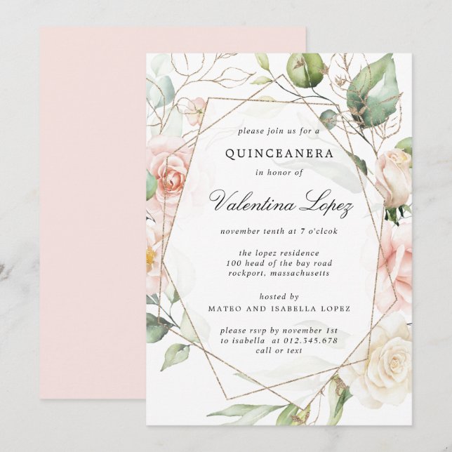 Invitación Elegante Rubor Rosa Floral Rosa Quinceanera (Anverso / Reverso)