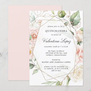 Invitación Elegante Rubor Rosa Floral Rosa Quinceanera