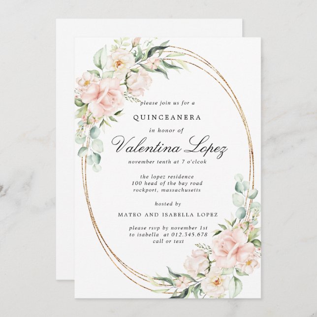 Invitación Elegante Rubor Rosa Floral Rosa Quinceanera (Anverso / Reverso)
