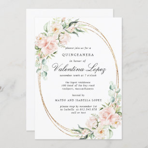 Invitación Elegante Rubor Rosa Floral Rosa Quinceanera