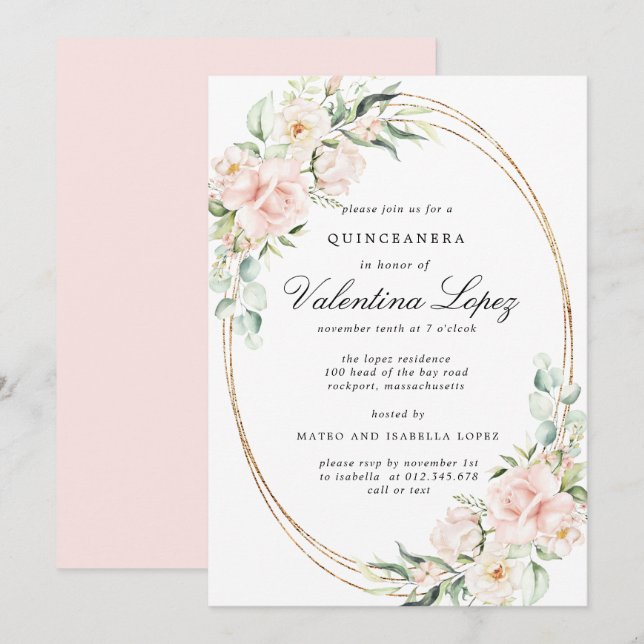 Invitación Elegante Rubor Rosa Floral Rosa Quinceanera (Anverso / Reverso)