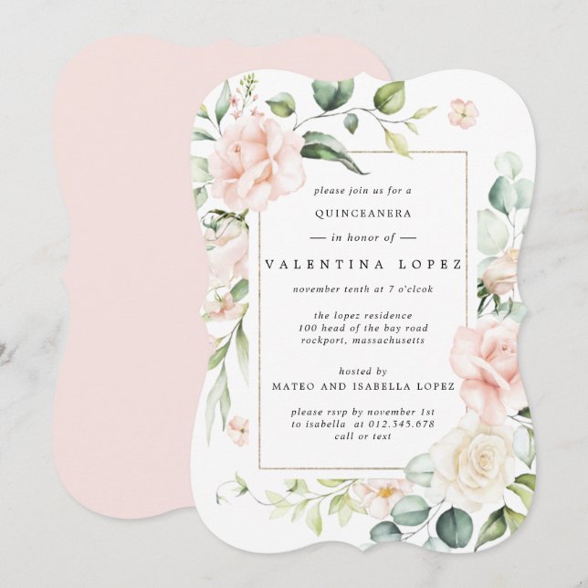 Invitación Elegante Rubor Rosa Floral Rosa Quinceanera (Anverso / Reverso)