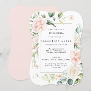 Invitación Elegante Rubor Rosa Floral Rosa Quinceanera