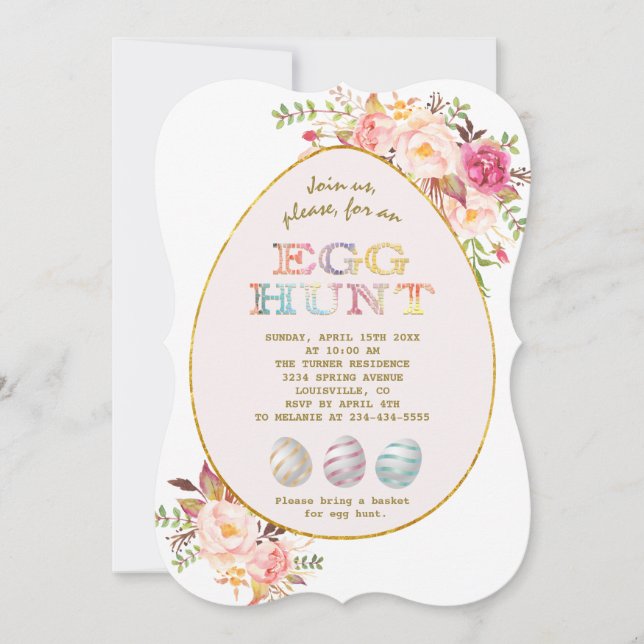 Invitación Elegante Rubor Rosa Flores Huevos de Oro Semana Sa (Anverso)