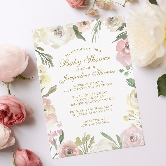 Invitación Elegante Rubor Rosa Gold Floral Baby Shower (Subido por el creador)