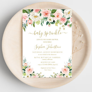 Invitación Elegante Rubor Rosa Gold Floral Baby Sprinkle