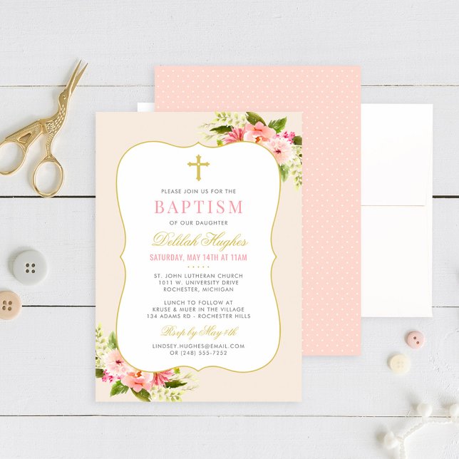 Invitación Elegante Rubor Rosa Gold Floral Baptismo niña bebé (Subido por el creador)
