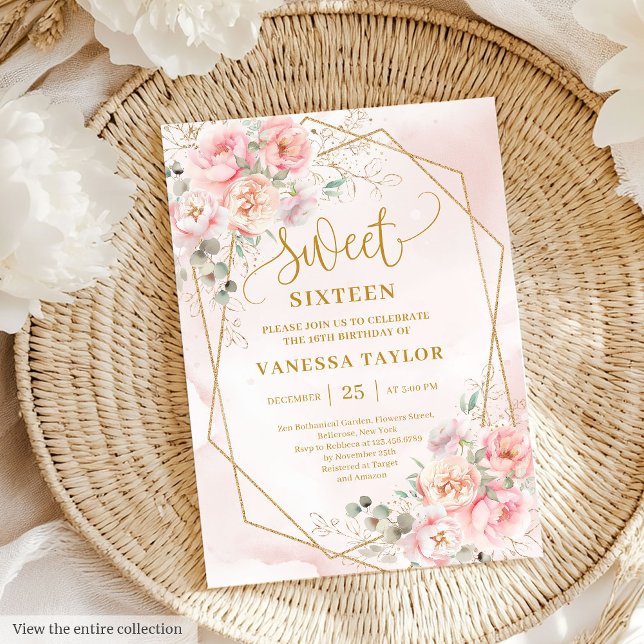 Invitación Elegante Rubor Rosa Gold Floral Sweet 16 Invitació (Elegant Blush Pink Gold Floral Sweet 16 Invitation)