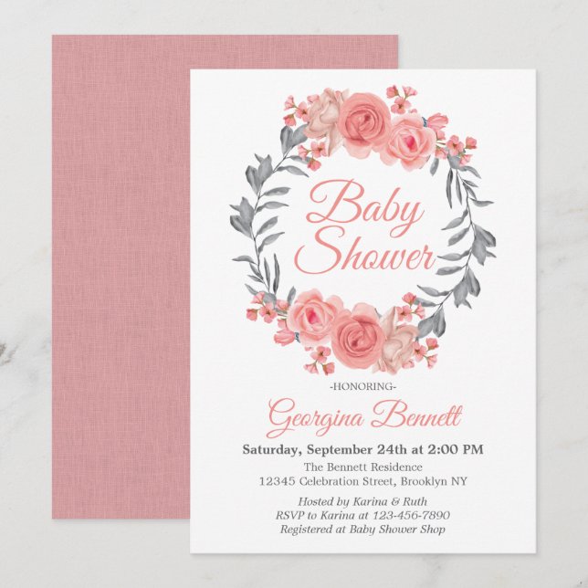 Invitación Elegante Rubor rosa gris floral Wreath Baby Shower (Anverso / Reverso)