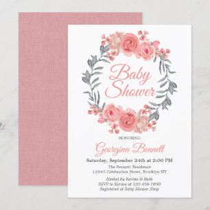 Invitación Elegante Rubor rosa gris floral Wreath Baby Shower