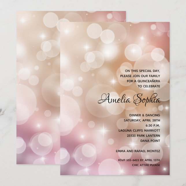 Invitación Elegante Rubor rosa Quinceañera (Anverso / Reverso)