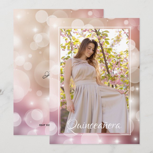Invitación Elegante Rubor Rosa Quinceañera Foto Cumpleaños (Anverso / Reverso)