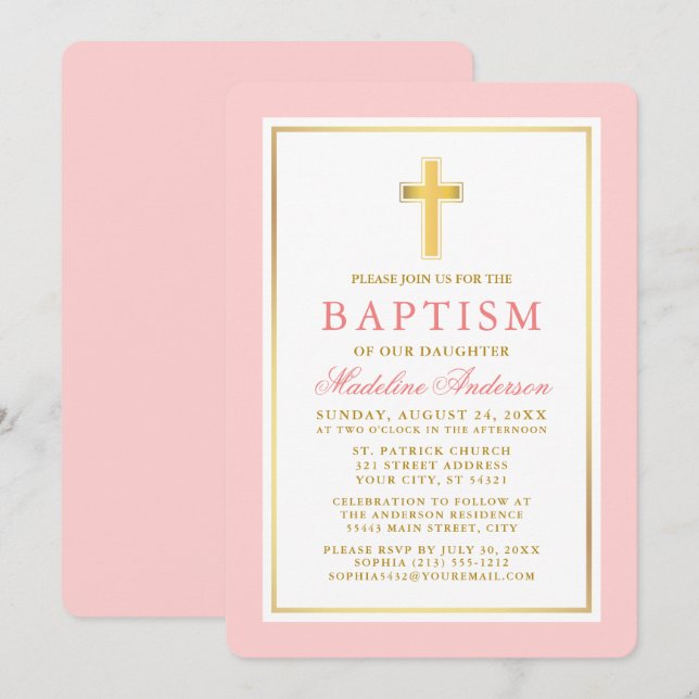 Invitación Elegante Rubor rosado y bautismo de oro (Anverso / Reverso)