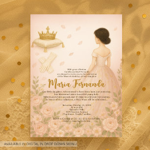 Invitación Elegante Rubor Royal Quinceañera con corona y Rosa