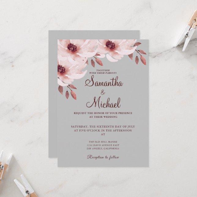 Invitación Elegante Rubor Rusty Rosa Sale Floral acuática (Anverso/Reverso In Situ)