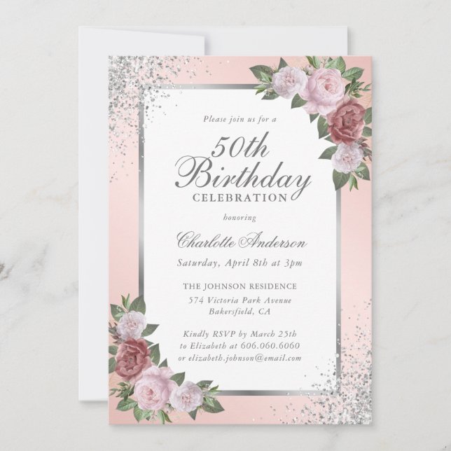 Invitación Elegante Rubor Silver Confetti Floral 50 cumpleaño (Anverso)