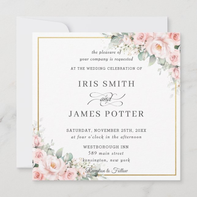 Invitación Elegante Rubor Soft Pink Floral Gold Boda Square (Anverso)