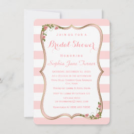 Invitación Elegante Rubor Stripes Gold Floral Bridal Shower