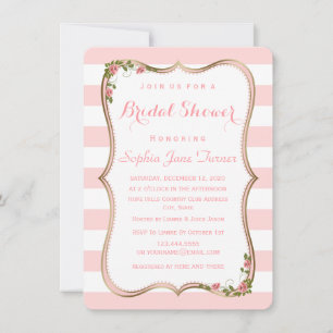 Invitación Elegante Rubor Stripes Gold Floral Bridal Shower