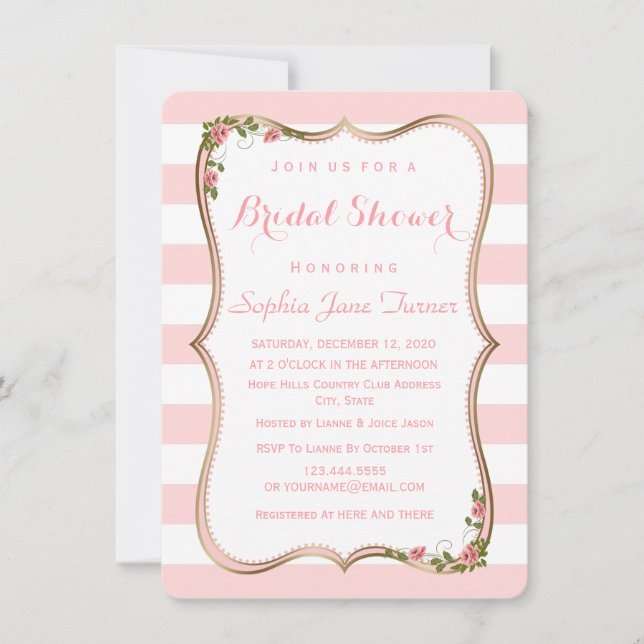 Invitación Elegante Rubor Stripes Gold Floral Bridal Shower (Anverso)