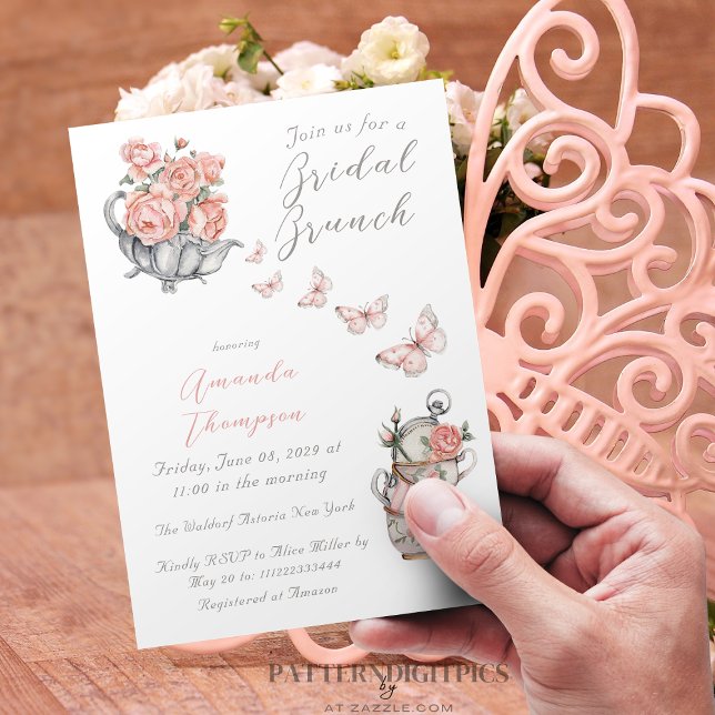 Invitación Elegante Rubor Tea Brunch Floral Bridal Ducha (Subido por el creador)