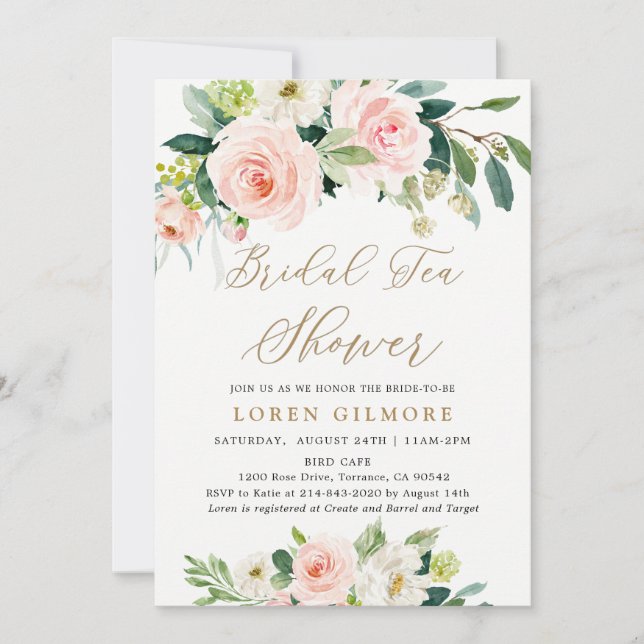 Invitación Elegante Rubor Watercolor Bridal Tea Shower Invita (Anverso)