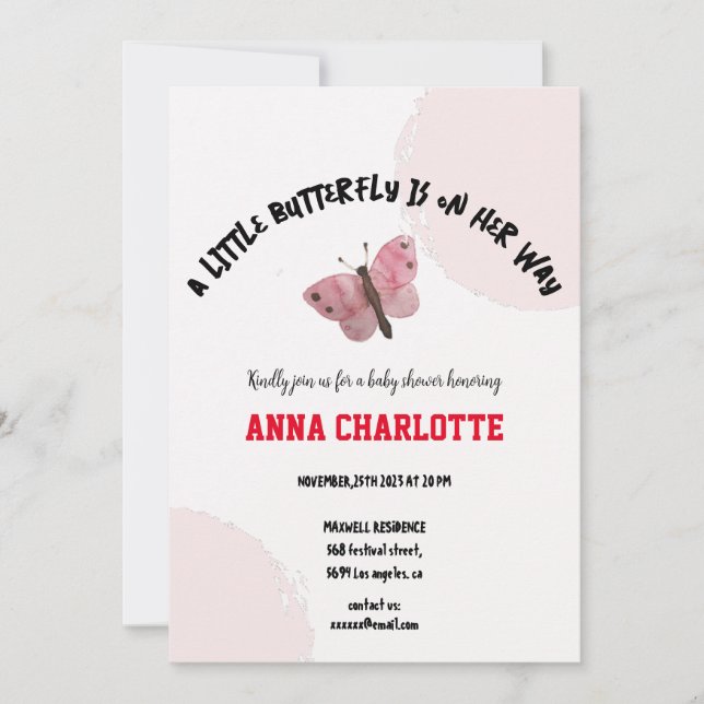 Invitación Elegante Rubor Watercolor Butterfly Baby Shower (Anverso)