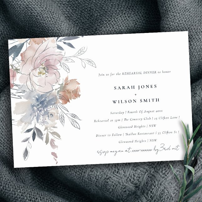 Invitación Elegante Rubor Watercolor Floral Ensayo Cena (Subido por el creador)