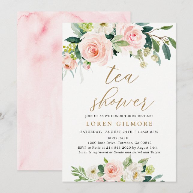 Invitación Elegante Rubor Watercolor Floral Tea Shower (Anverso / Reverso)