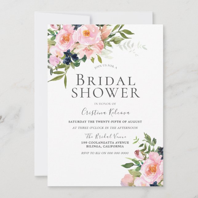 Invitación Elegante Rubor Watercolor Flowers Bridal Shower (Anverso)