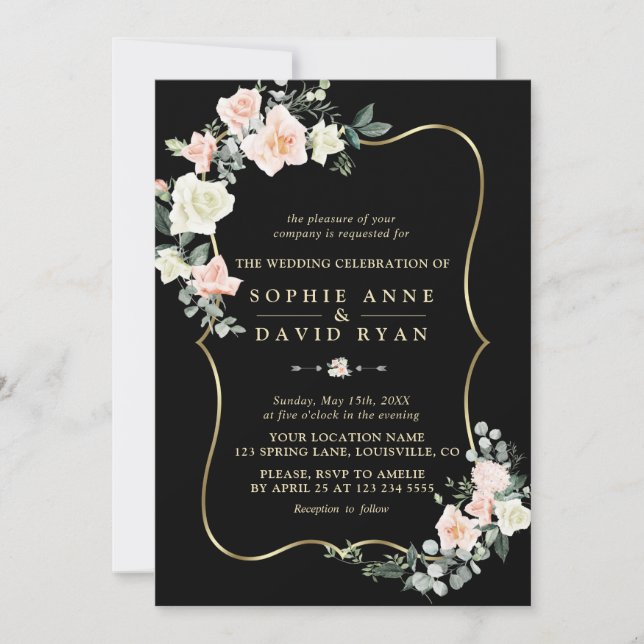 Invitación Elegante Rubor White Flowers Gold Black Boda (Anverso)
