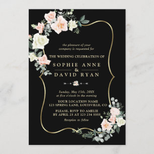 Invitación Elegante Rubor White Flowers Gold Black Boda