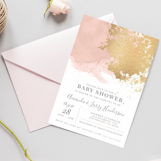 Invitación Elegante Rubor y Gold Watercolor Baby Shower (Subido por el creador)