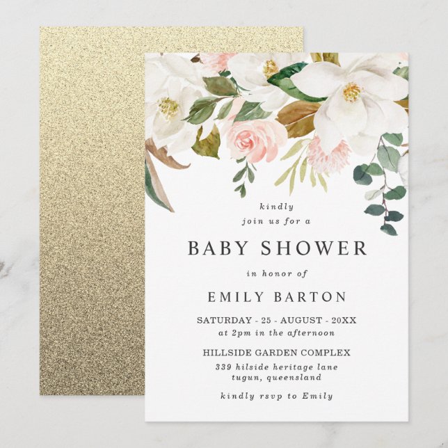 Invitación Elegante Rubor y White Floral Baby Shower (Anverso / Reverso)