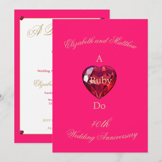 Invitación Elegante Ruby Do 40° Aniversario Boda (Anverso / Reverso)