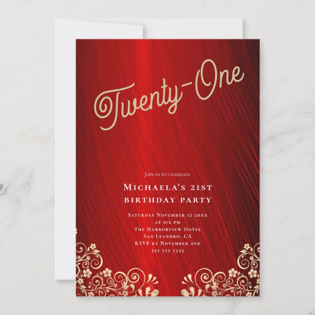 Invitación Elegante Ruby Red Gold Swirls 21ª Fiesta de cumple (Anverso)