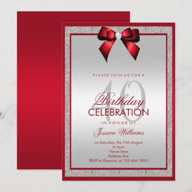 Invitación Elegante Ruby Red Silver Purpurina 40 cumpleaños (Anverso / Reverso)
