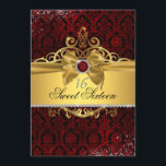 Invitación Elegante Ruby Rojo Damask Dulce Invitado<br><div class="desc">Elegante joya roja y damasco con tiara de oro brillante y arco. Hay más colores disponibles en la pequeña tienda de bayleigh.</div>