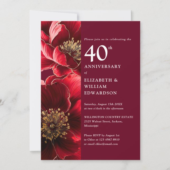 Invitación Elegante Ruby Rojo Floral Moderno 40 Aniversario (Anverso)