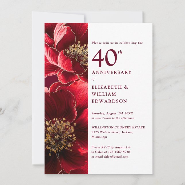 Invitación Elegante Ruby Rojo Y Floral De Oro 40 Aniversario (Anverso)