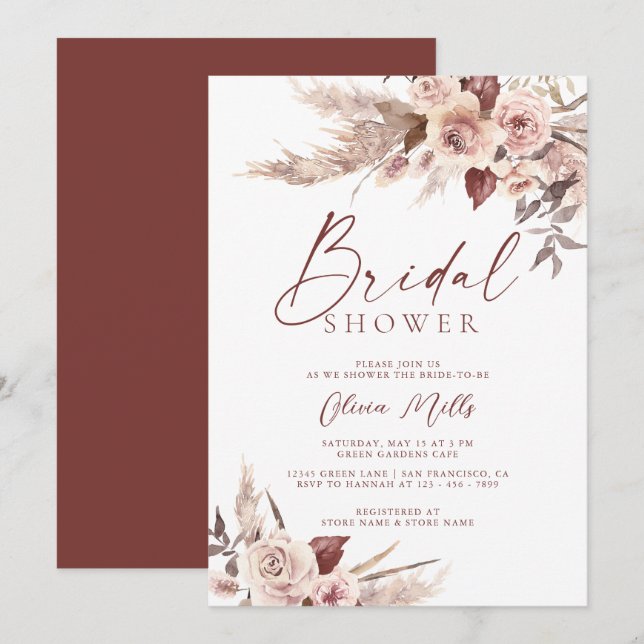 Invitación Elegante Rust Champagne Pampas Boho Bridal Shower (Anverso / Reverso)
