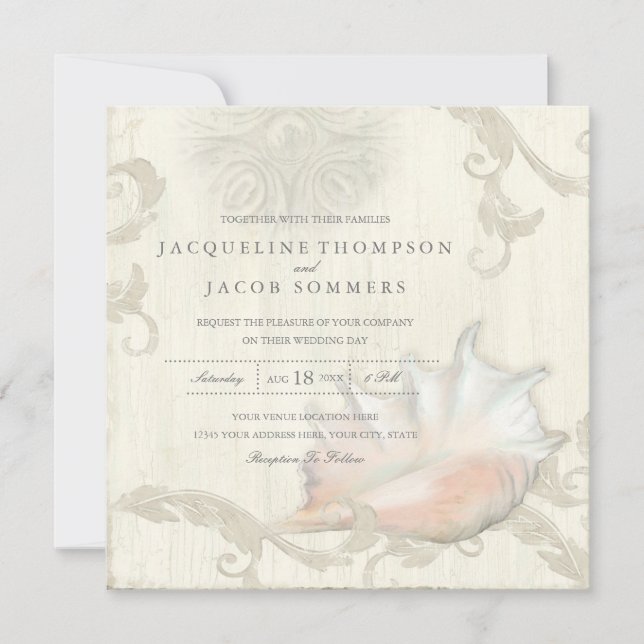 Invitación Elegante Rustic Beach Seashell Conch Shell Wood Ar (Anverso)